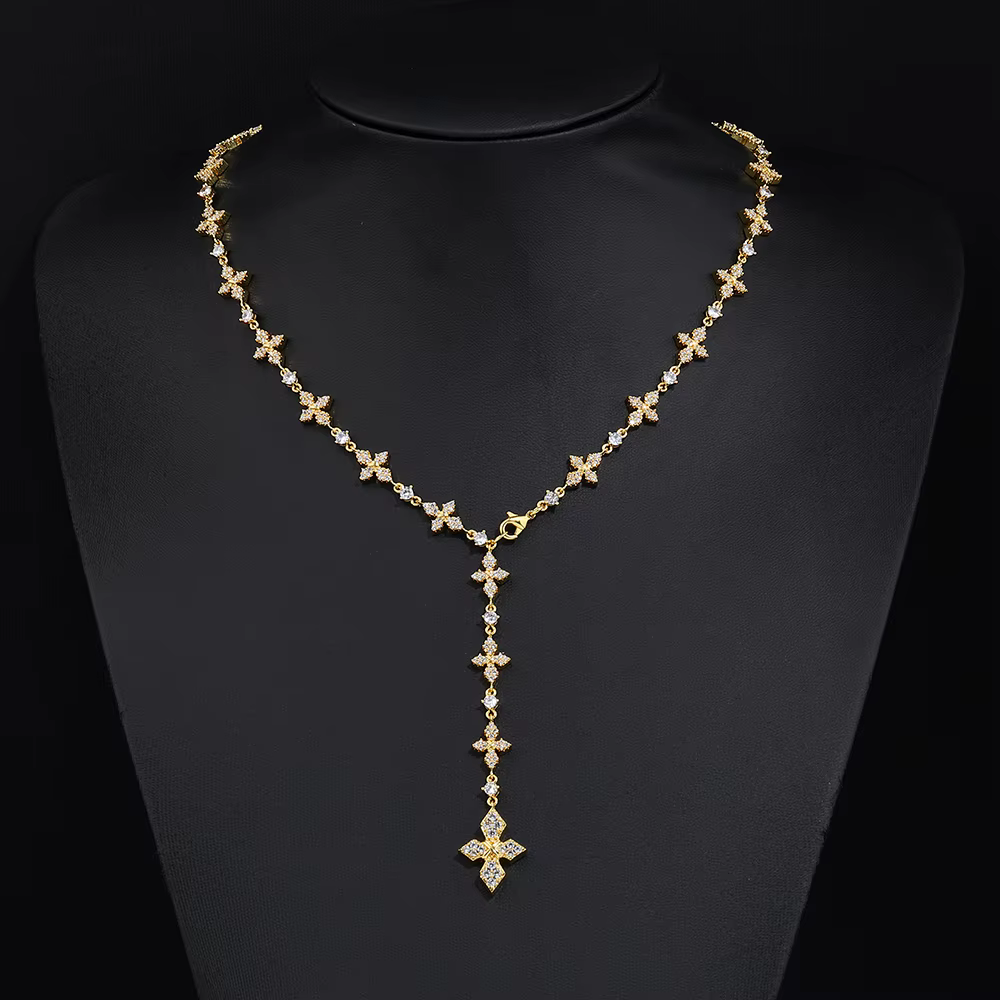 Collier en Y de luxe ESKEEM avec croix en zircon cubique pour femme, couleur argent, pendentif en cu