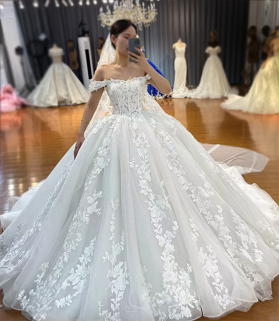 Robes de mariée personnalisées, épaules dénudées, couleur ivoire, photos réelles, appliques, robe de
