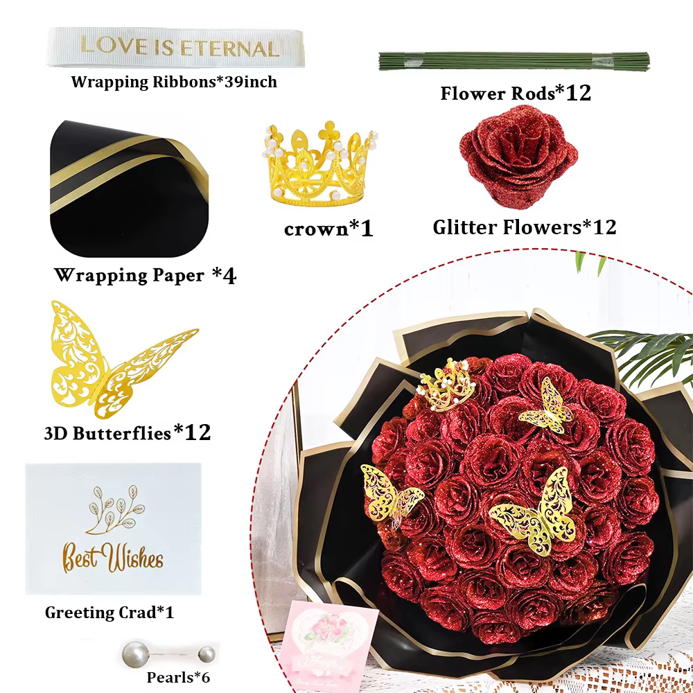 Bouquet de Roses à paillettes rouges, 12/24 pièces, coffret cadeau DIY, Rose artificielle éternelle 