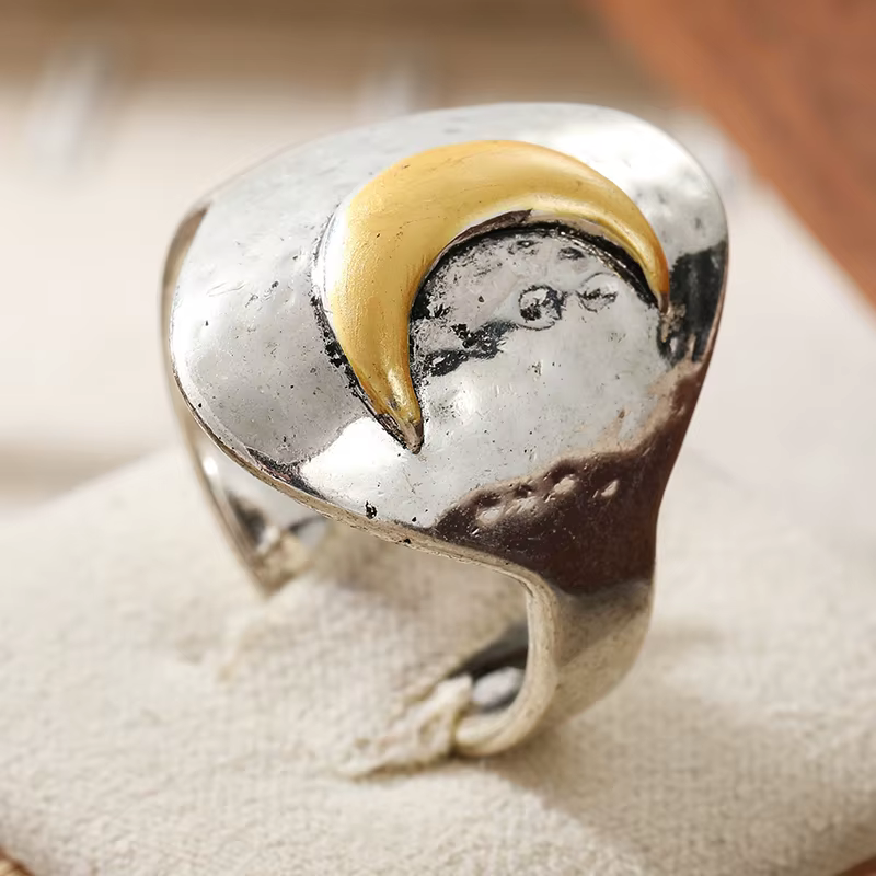 Bague vintage pour femme sculptée à la main en forme de lune, bijou créatif en métal bicolore, géomé
