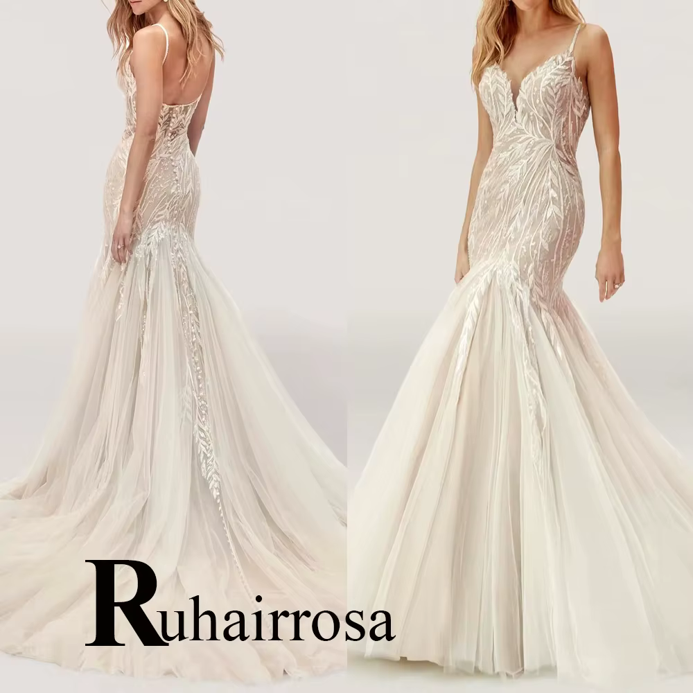 Ruhair fantaisie trompette robes De mariée dentelle Appliques bretelles Spaghetti bouton col en v ro
