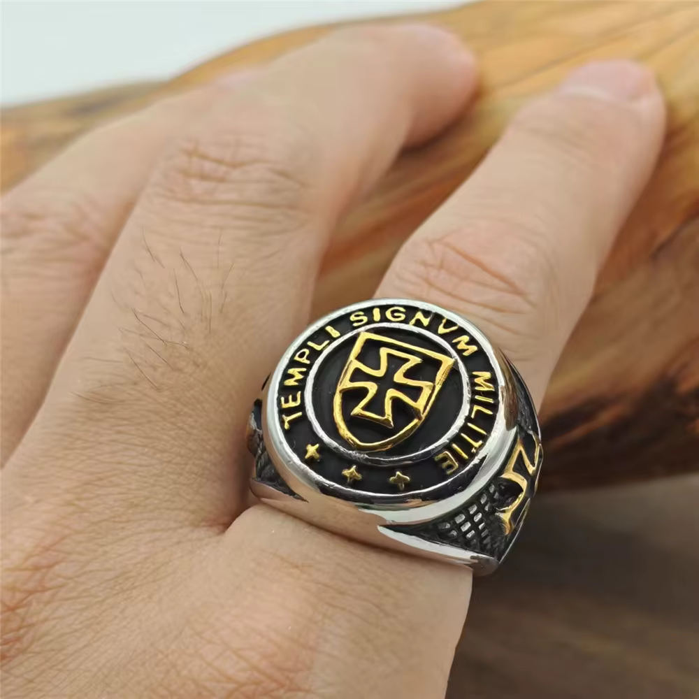 Bague bouclier croisé en acier inoxydable 316L, bijoux de motard Punk plaqué or