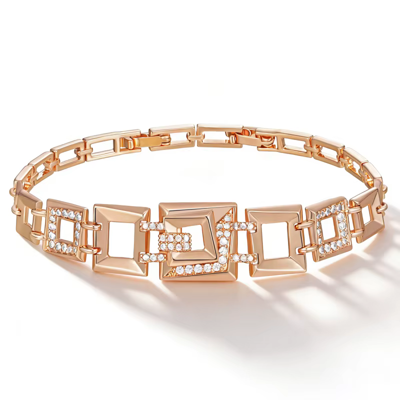 Kinel – Bracelet à maillons carrés en zircon naturel couleur or rose 585 pour femme, bijoux ethnique