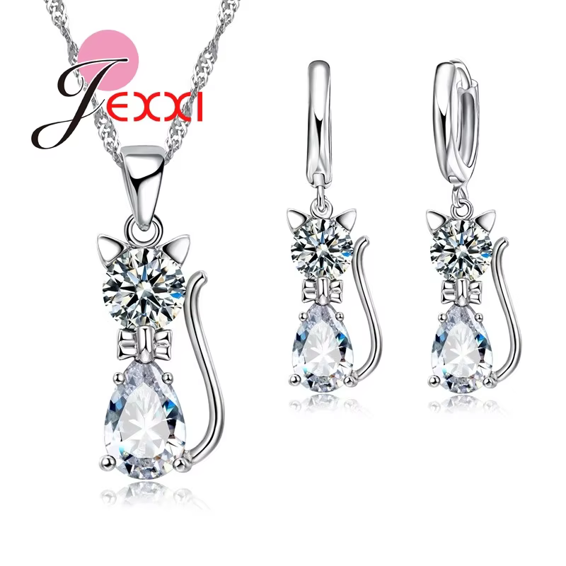 Ensemble de boucles d'oreilles et collier en Zircon cubique pour femmes, joli petit chat, ensemble d