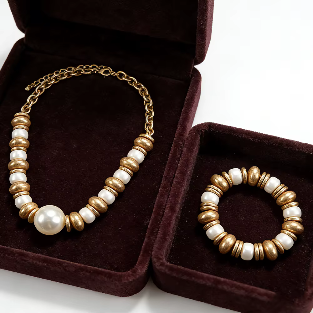 Ensemble de bijoux en perles dorées et imitation perles, collier et bracelet assortis pour femmes, m