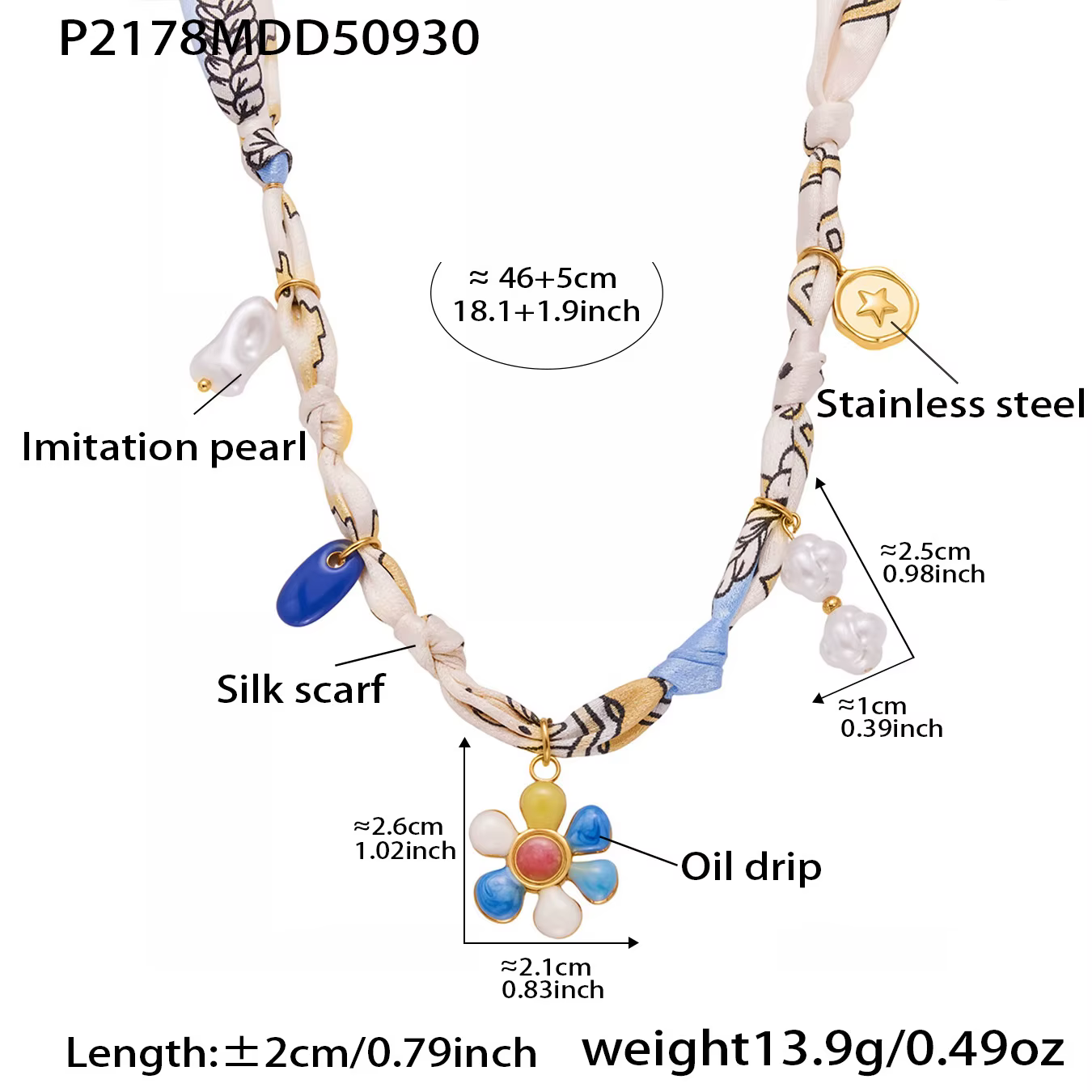 Collier écharpe en tissu imprimé pour femmes, plaqué or 18 carats, pendentif en acier inoxydable, br
