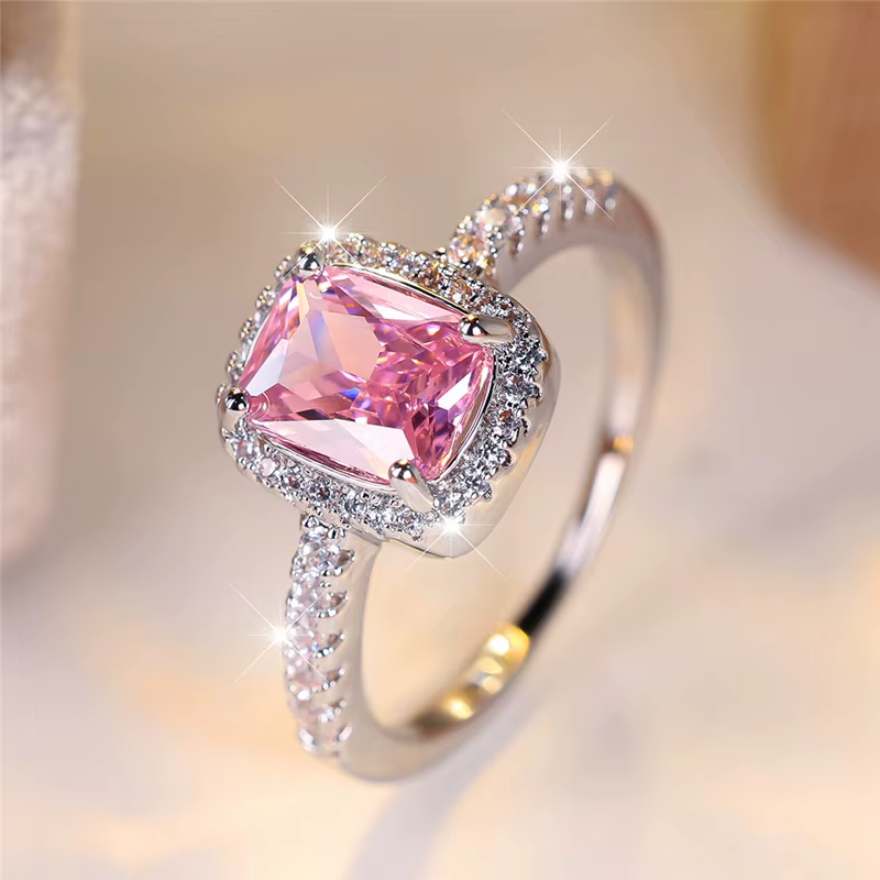 Bague de luxe pour femmes et filles, grand cristal rose carré en pierre de Zircon, couleur argent, b