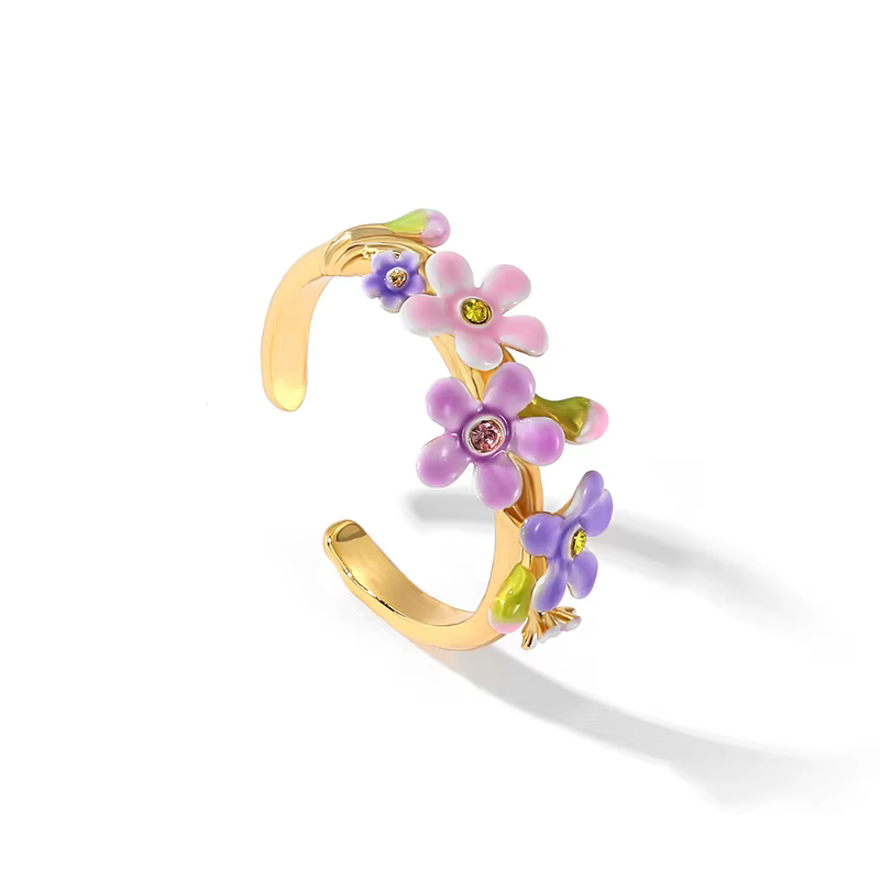 Bague artisanale en émail violet motif fleur de mignonette 'Juicy Grape' pour femme, bijou violet él