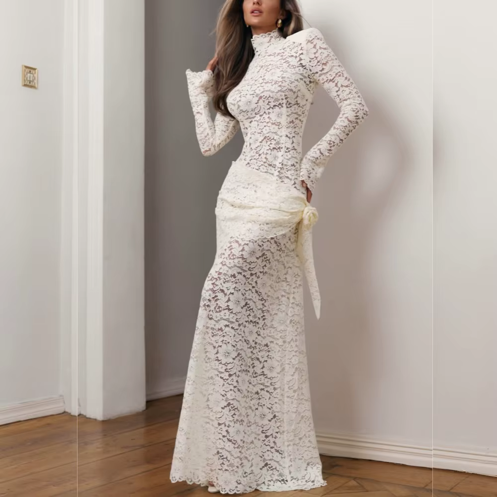 Robe de soirée élégante en dentelle personnalisée pour mariage, banquet, col haut, longues robes, ro