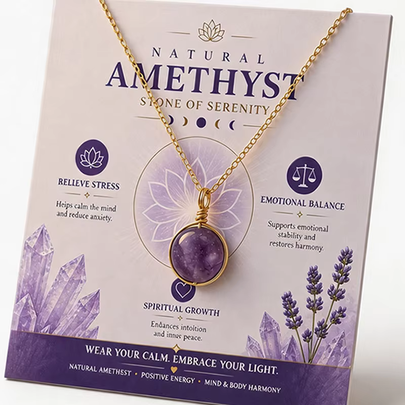Collier pendentif en améthyste, bijoux en acier inoxydable faits à la main, cristal violet, cadeau s