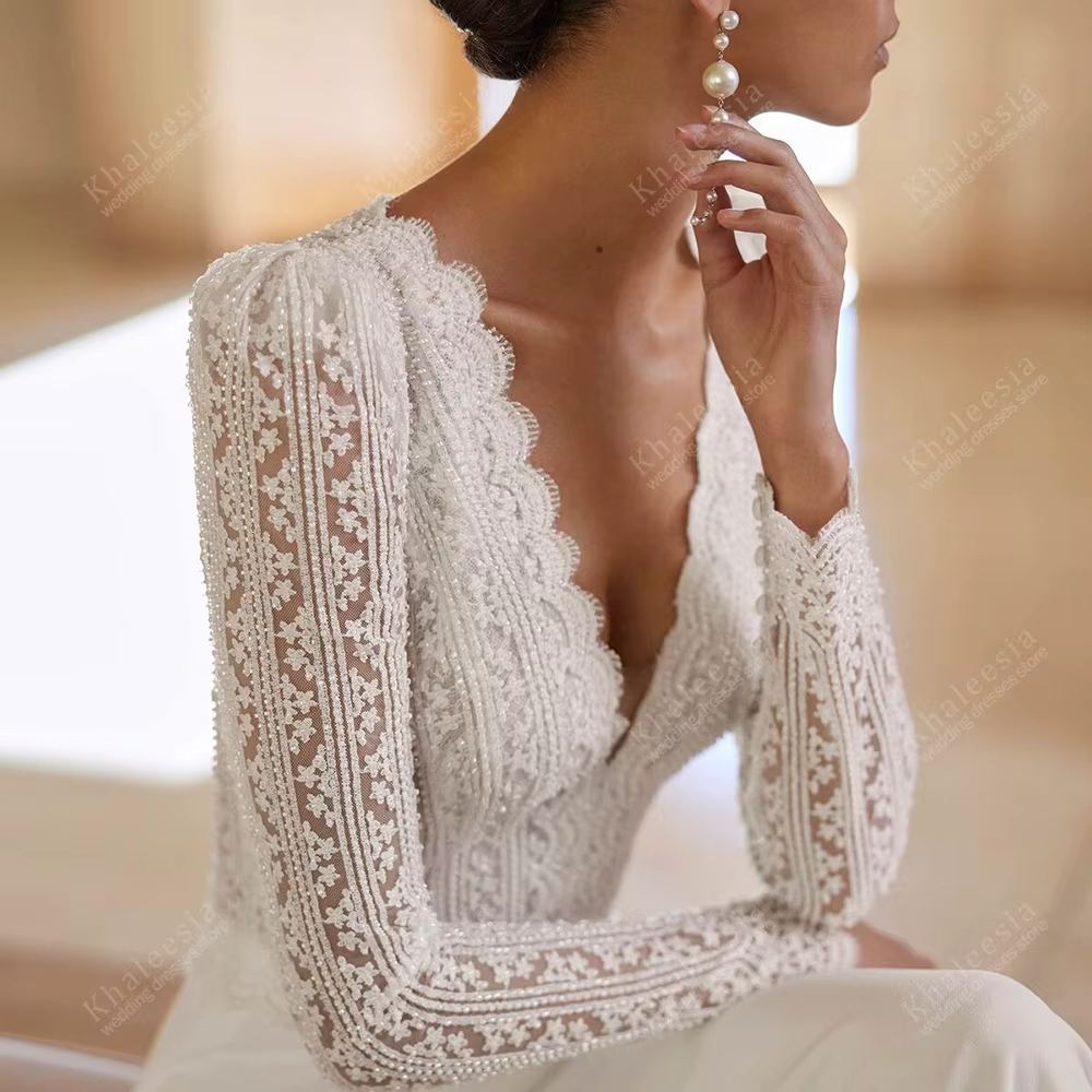 Robes De mariée bohème robes De mariée en Satin manches longues Robes col en V profond balayage Trai