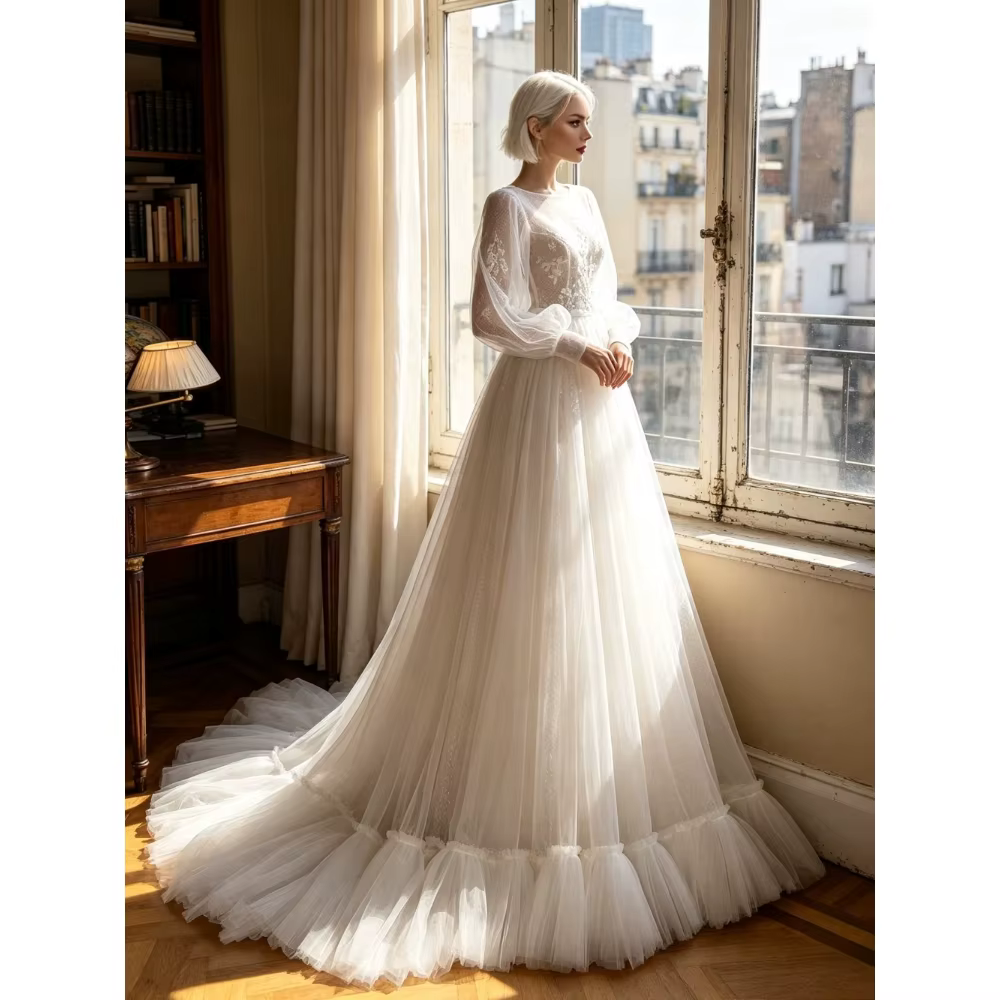 Robe de mariée personnalisée 2026, coupe trapèze, en dentelle, à manches longues, col bateau, en mou