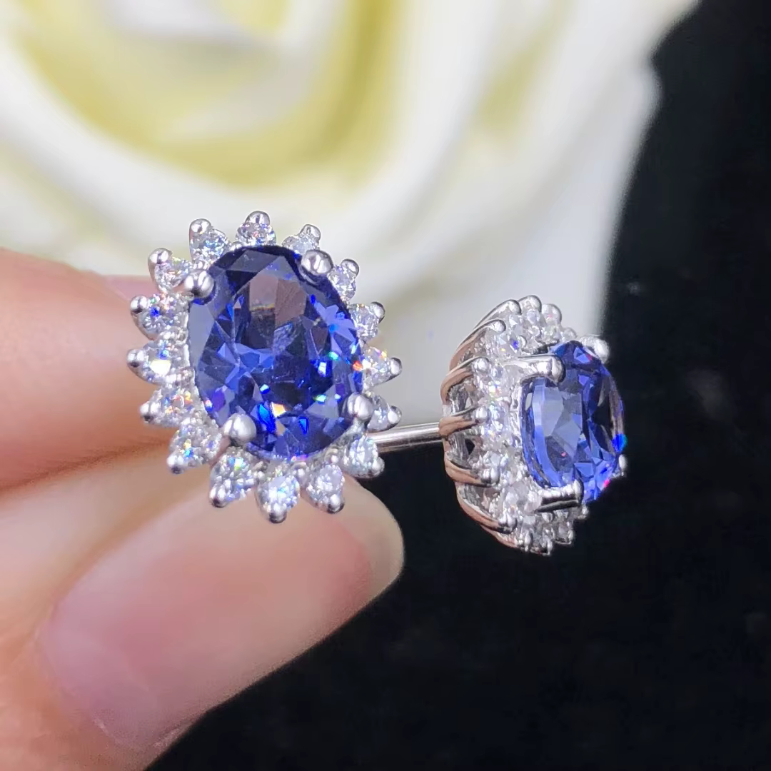 Boucles d'oreilles ovales en saphir cultivé en laboratoire bleu, boucle d'oreille à tige en or blanc