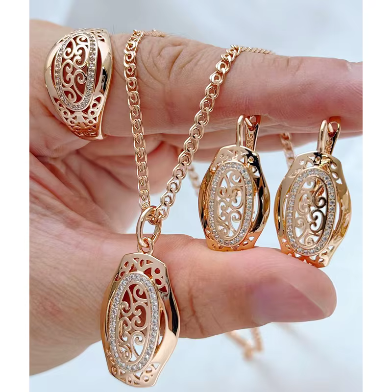 Kinel – bague et boucles d'oreilles ethnique pour mariée, couleur or Rose 585, collier pour femmes, 