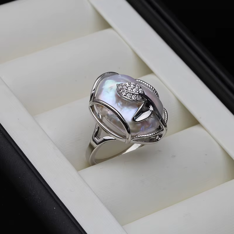 Bague en argent 925 avec grande perle naturelle baroque d'eau douce authentique, taille ajustable, c