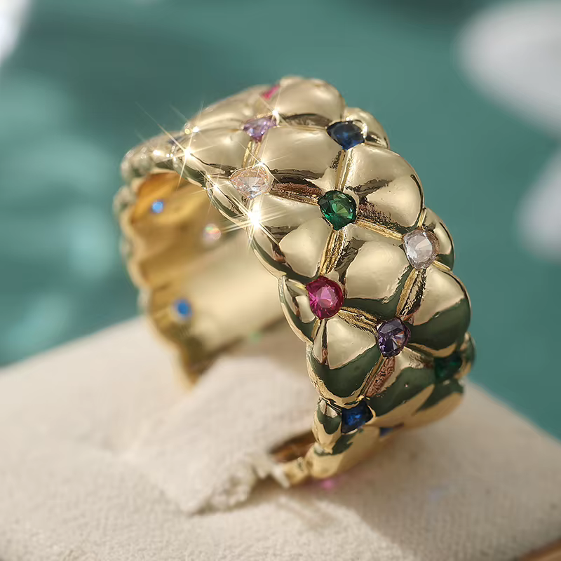 Magnifique bague pour femme incrustée de CZ multicolores, couleur or tendance, sculptée à la main, p