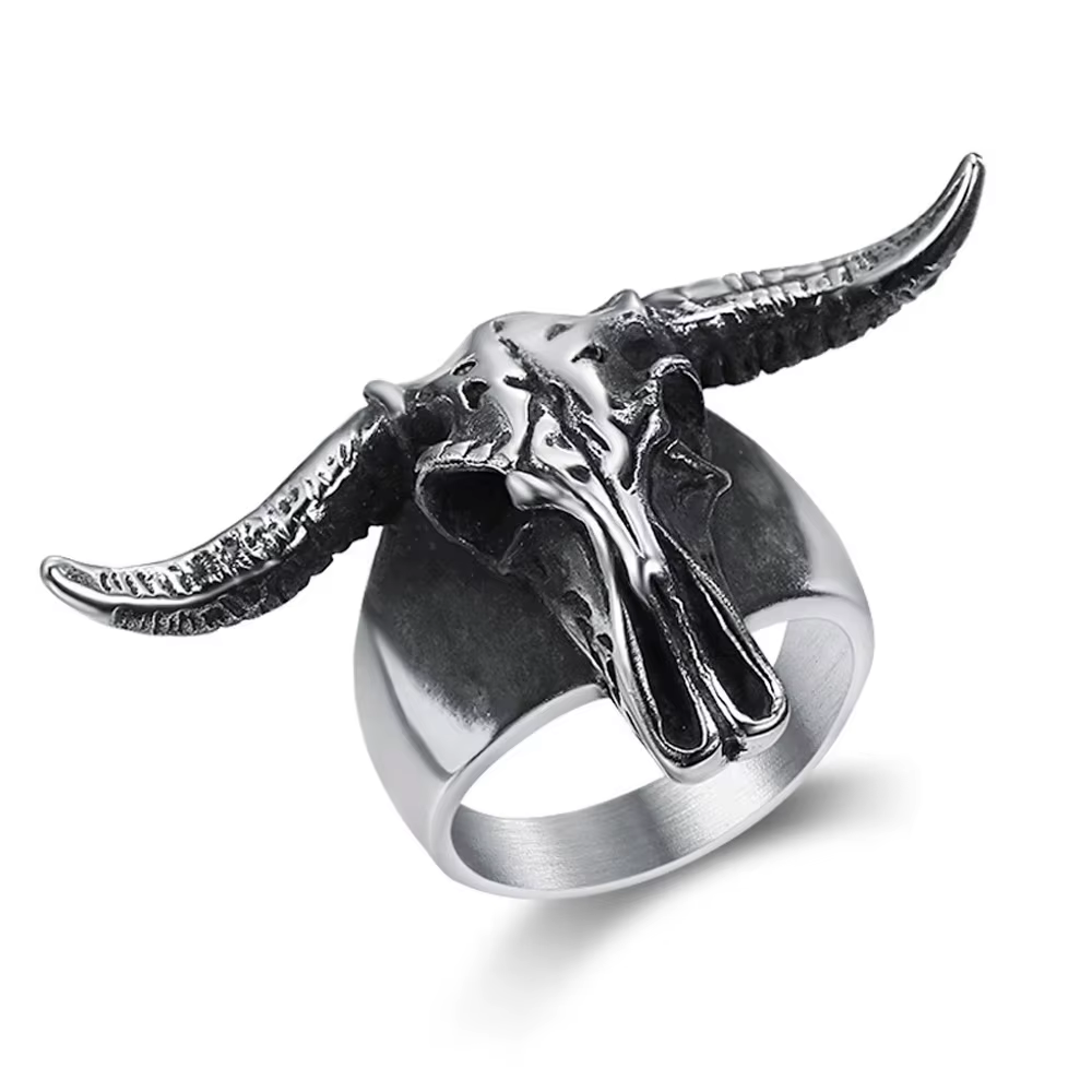 Bague Homme Vintage Rétro Tête de Chèvre en Acier Inoxydable, Style Punk Biker, Bijou Gothique Satan