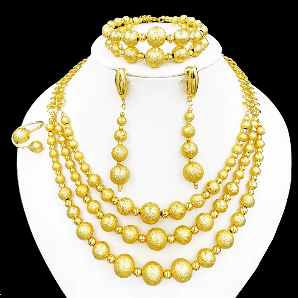 Ensemble de bijoux élégant en perles dorées pour femmes, collier, bracelet, boucles d'oreilles et ba