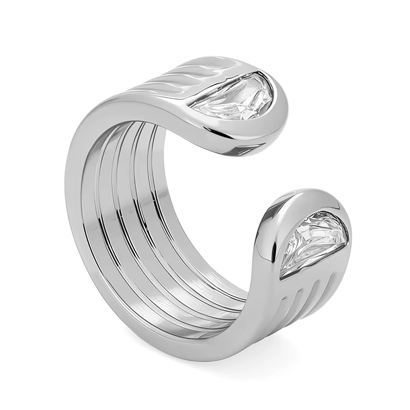 Bague VAROLE double semi-cercle en zircon cubique, bande ouverte multi-texturée, pour femme, idéale 