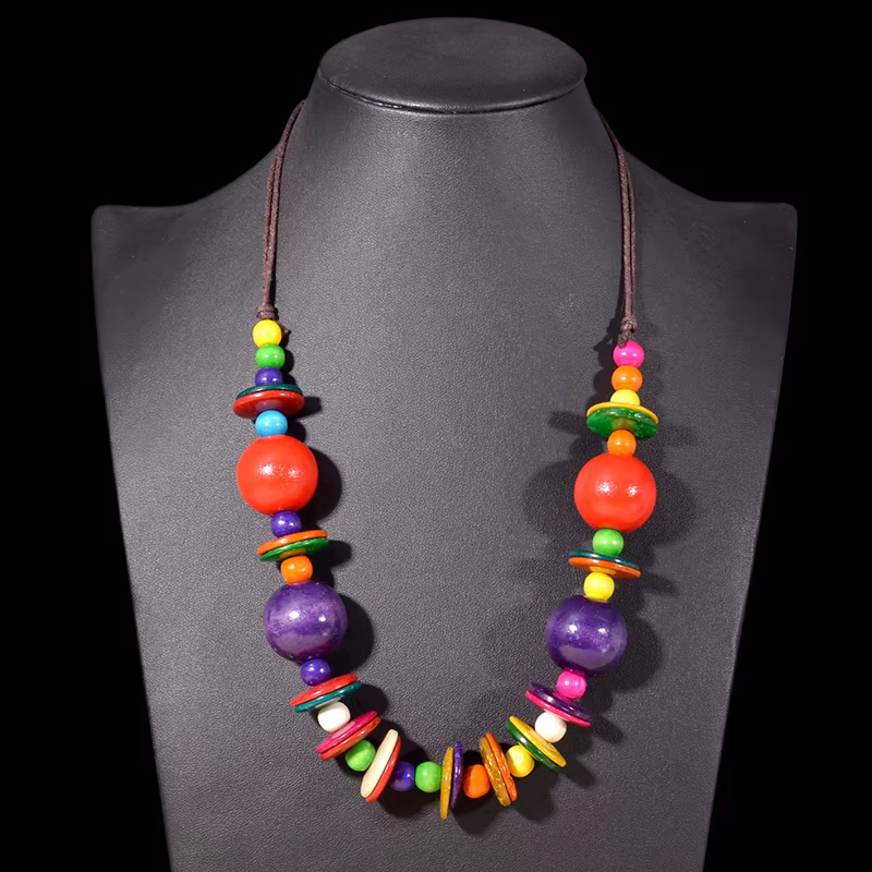 Collier et pendentif multicouches en bois de grosses perles faites à la main, chaîne en cuir réglabl