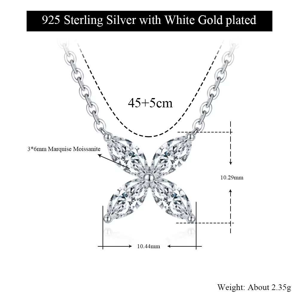 Collier Fleur en Argent S925 avec Moissanite Taille Marquise, Pendentif Floral à Quatre Pétales, Bij