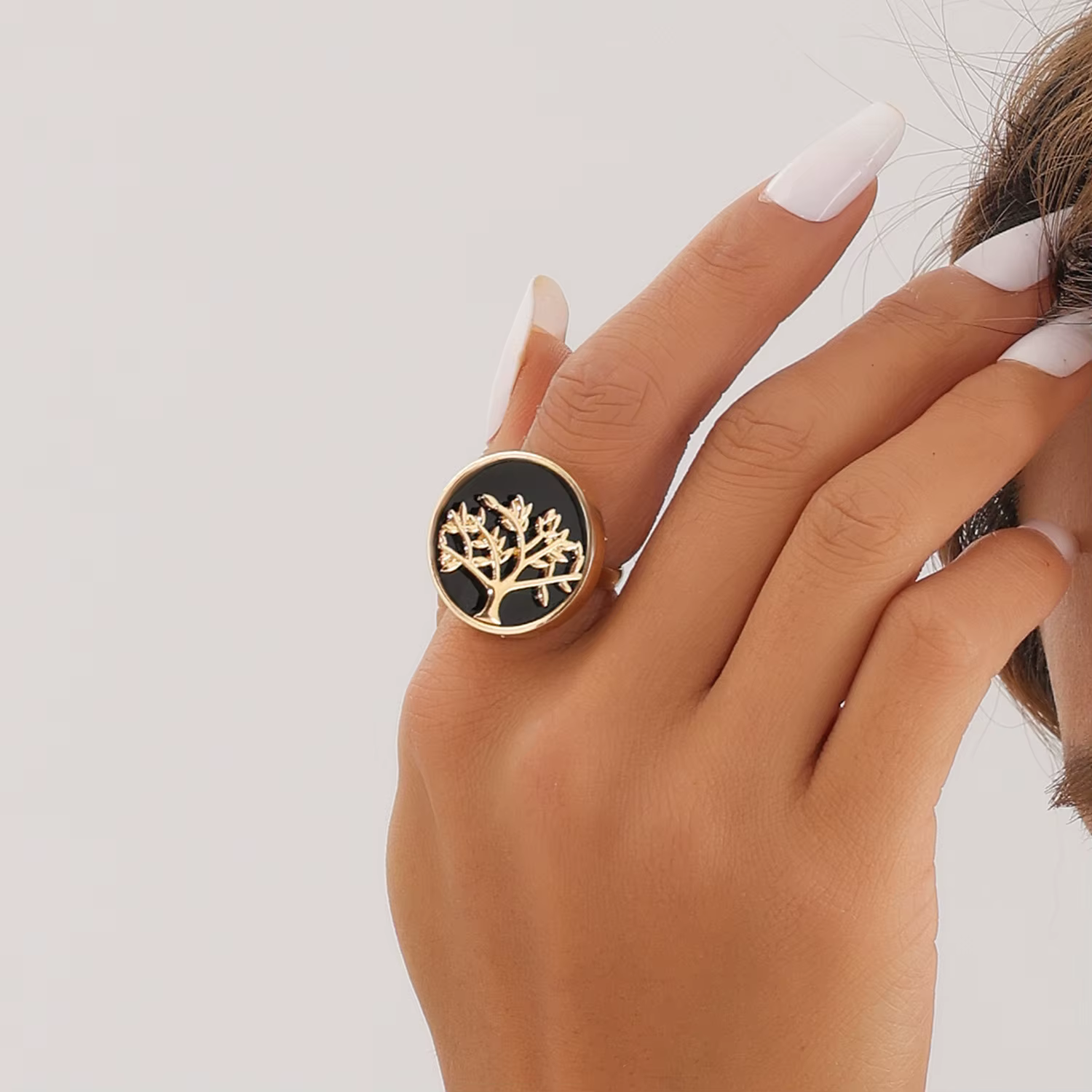 Ensemble de bagues réglables Arbre de Vie en métal noir imitation nacre, bijoux pour femme de qualit