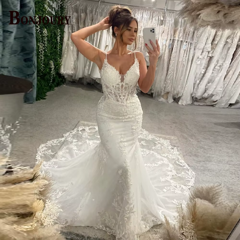 BONJOURY – robe De mariée classique pour femmes, bretelles Spaghetti, trompette, boutons appliqués, 