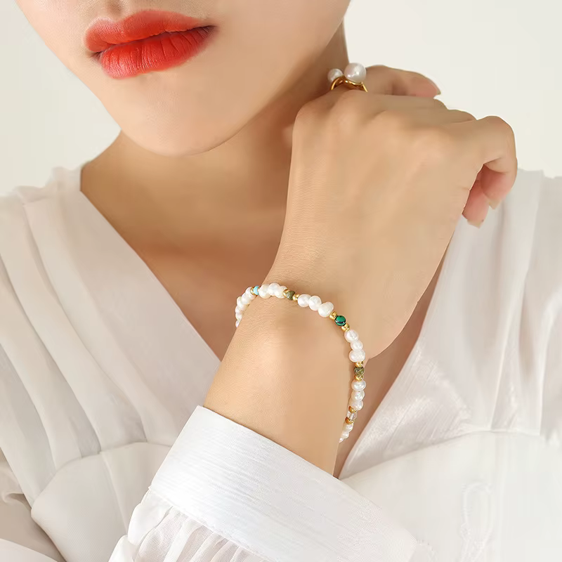 Amaiyllis-Bracelet de Perles d'Eau Douce Naturelles en Titane et Acier Plaqué Or, Bijoux de Luxe, Bo