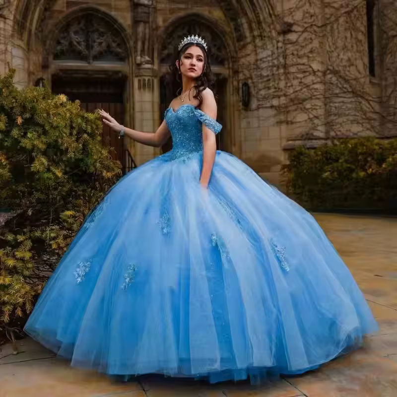 BOMARIA robe De bal bleue robes De Quinceanera mascarade robes De 15 Anos XV Appliques épaules dénud