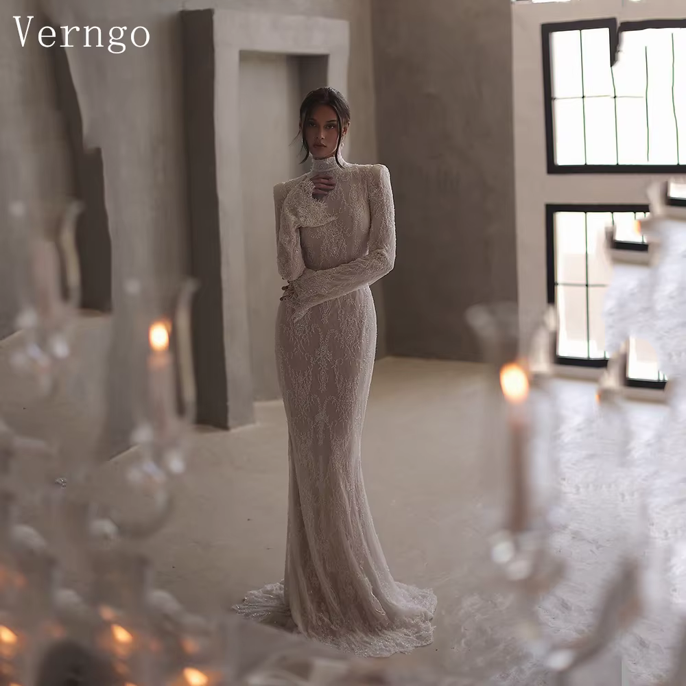 Verngo ivoire dentelle robes de mariée col haut manches longues robes de mariée femmes balayage Trai