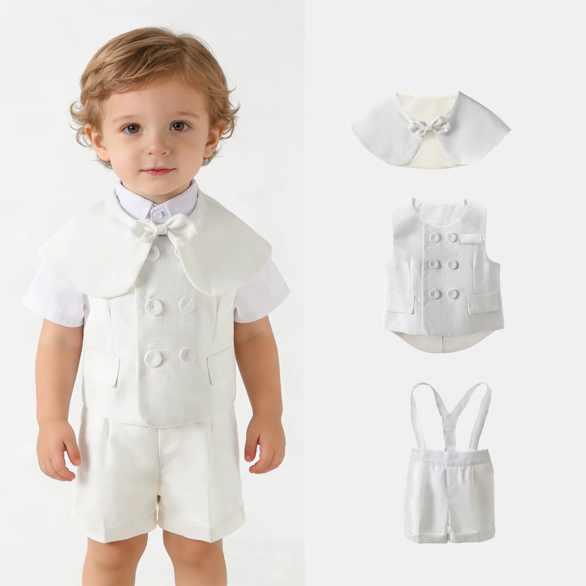 Ensemble de costume en lin blanc pour garçons, gilet châle à manches courtes et bretelles, tenue d'é