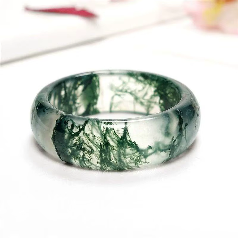 Bague en Agate d'herbe d'eau, cercle Simple, fleur flottante de qualité glacée, bague en jadéite ver
