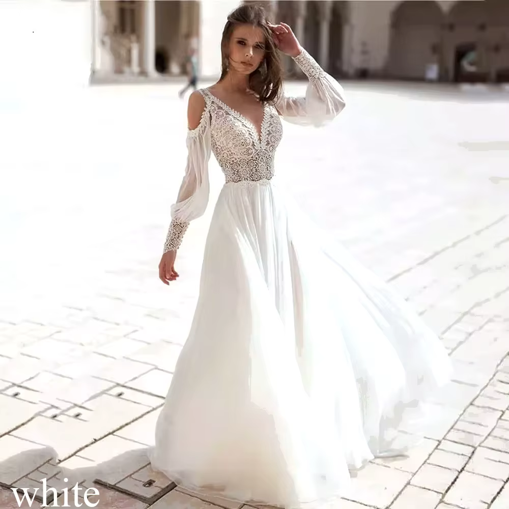 Robe de Mariée Élégante de Plage en Mousseline avec Manches Bouffantes Amovibles Décolleté V Appliqu