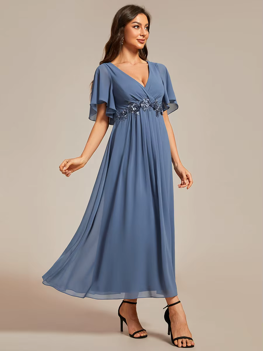 Robes de soirée élégantes à manches courtes, col en V, longueur thé, avec manches courtes, Ever Pret