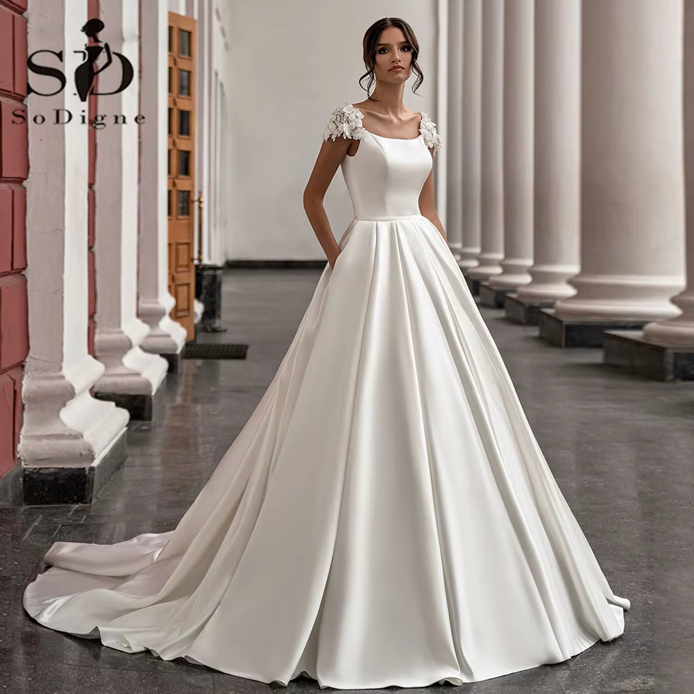 SoDigne-Robe de Mariée en Satin pour Femme, Élégante, Manches Cape, Col Rond, Fleurs, Ligne A, Patie