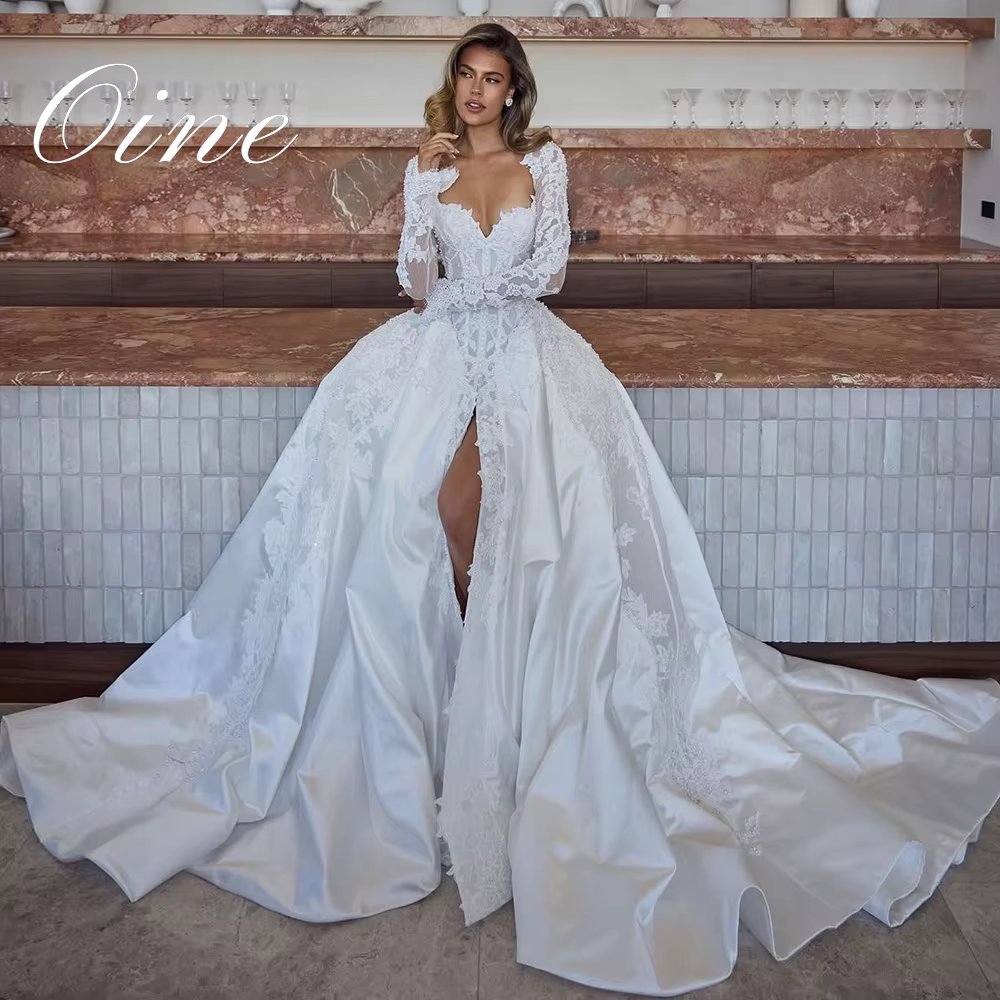 Robe de mariée de luxe Oine pour femme 2026, manches détachables, coupe trapèze, appliques en dentel