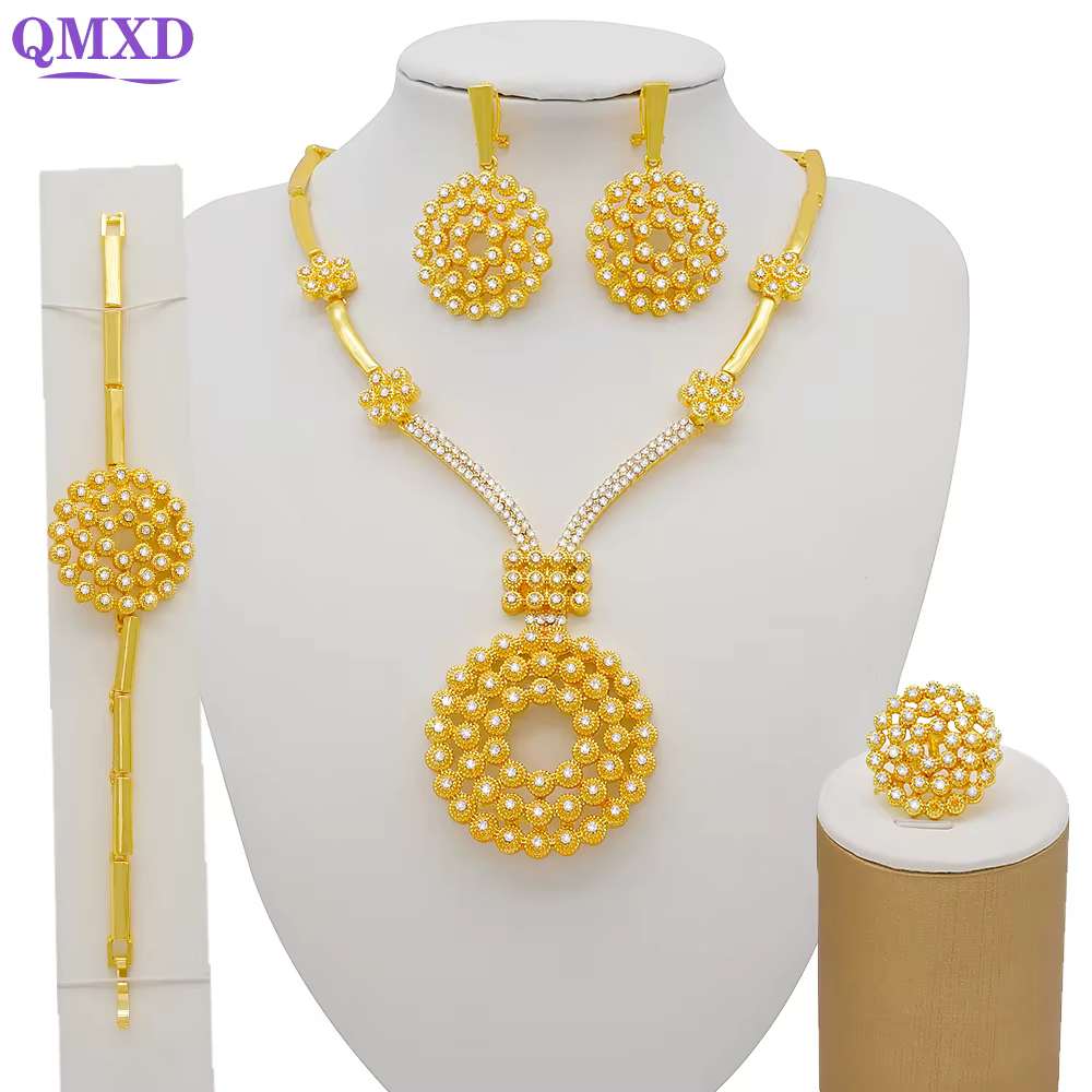 Ensemble de bijoux de Dubaï pour femme, collier en or, bracelet, bague, grand collier rond, cadeau d