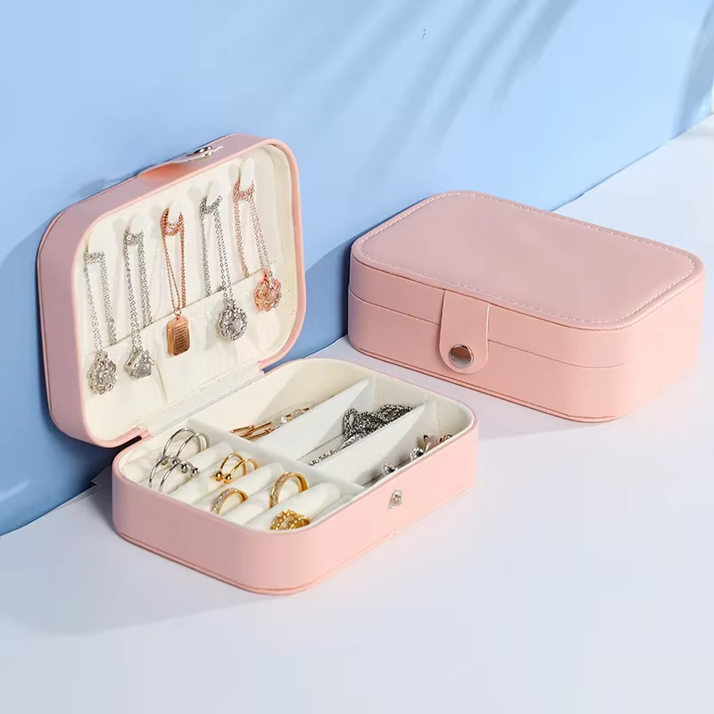 Boîte à bijoux portable avec fermeture éclair, étui à bijoux de voyage, boîtes à boutons, cuir, affi