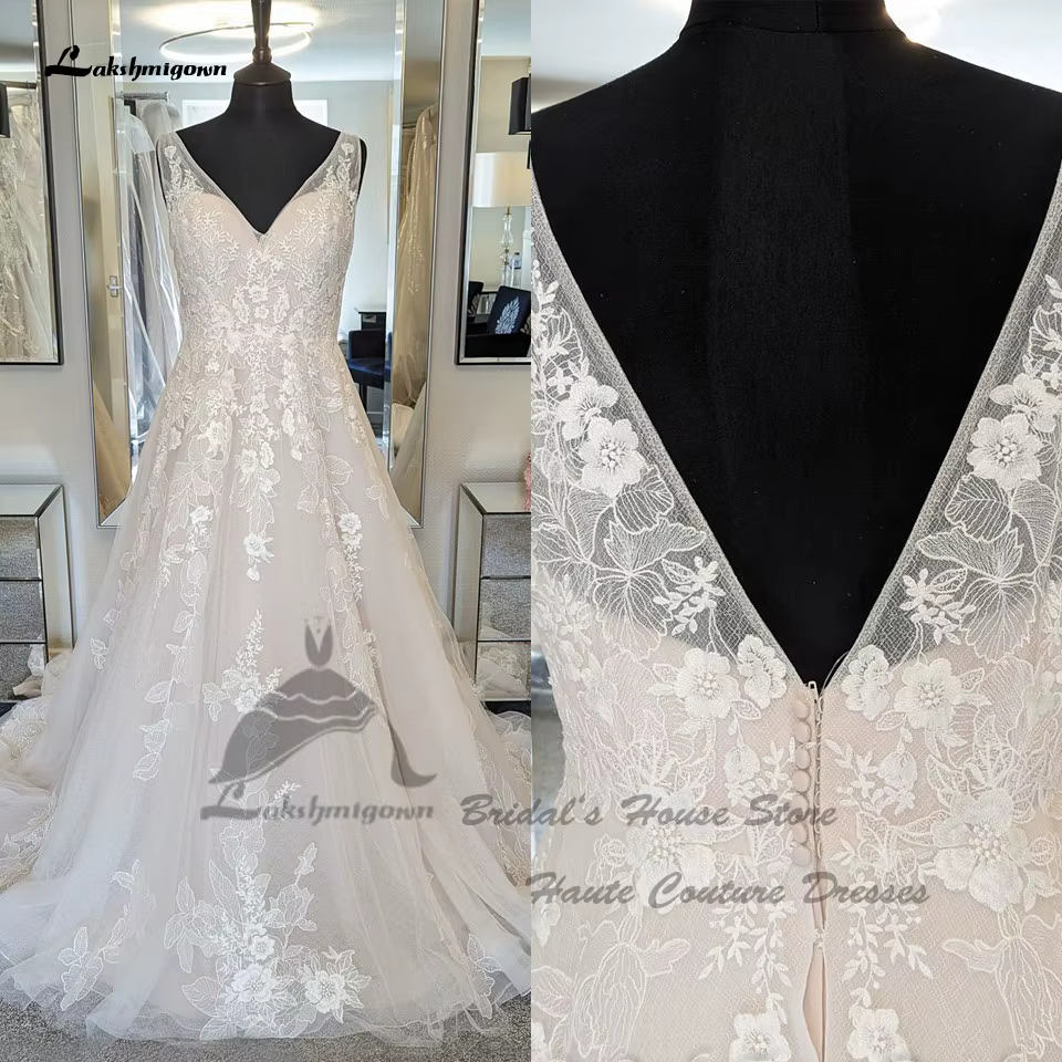 Yanshmigown-Robes de mariée A-ligne Lucury pour femmes, Rose Blush, Patients en dentelle, Mariage su