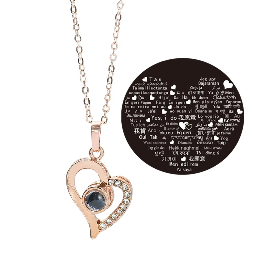 Collier 'Je t'aime' en 100 langues - Pendentif cœur multilingue, cadeau romantique pour couple, acce