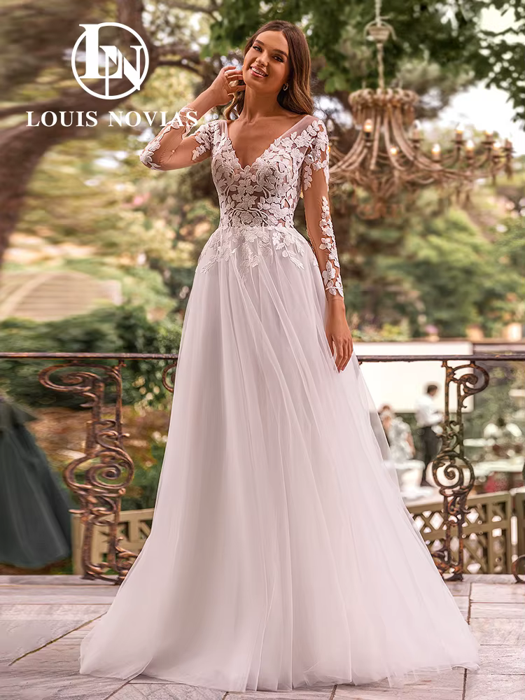 LOUIS NOVIAS dentelle robes De mariée frais Sexy col en v dos nu Appliques fleurs BOHO robe De marié