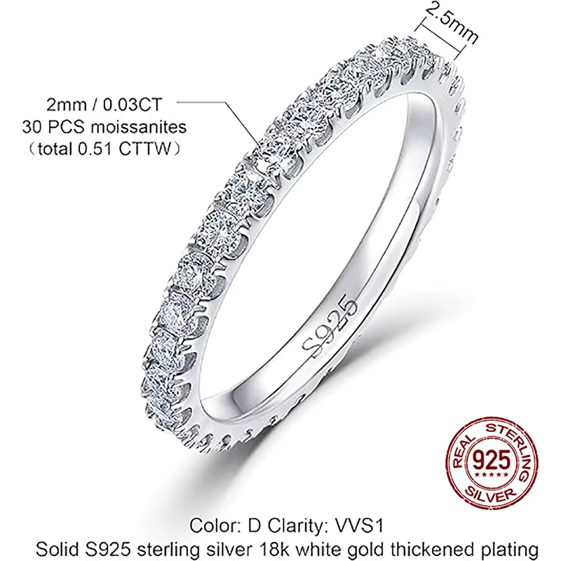 ALLNOEL 2mm bague Moissanite complète pour femmes couleur D VVS1 femme bague à queue unique 925 bagu
