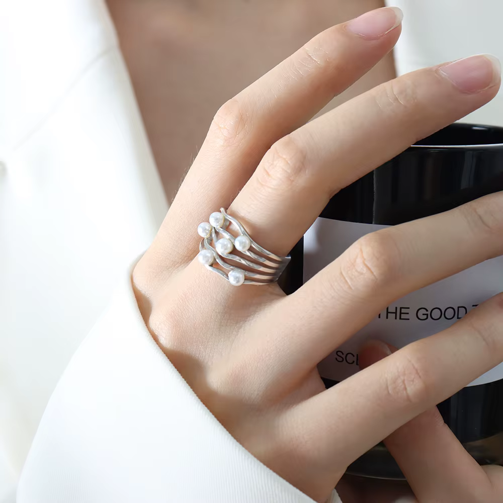 Bague Vintage en Perles Ondulées de Style Français, Bijoux de Tempérament Simple et Classique, Cadea
