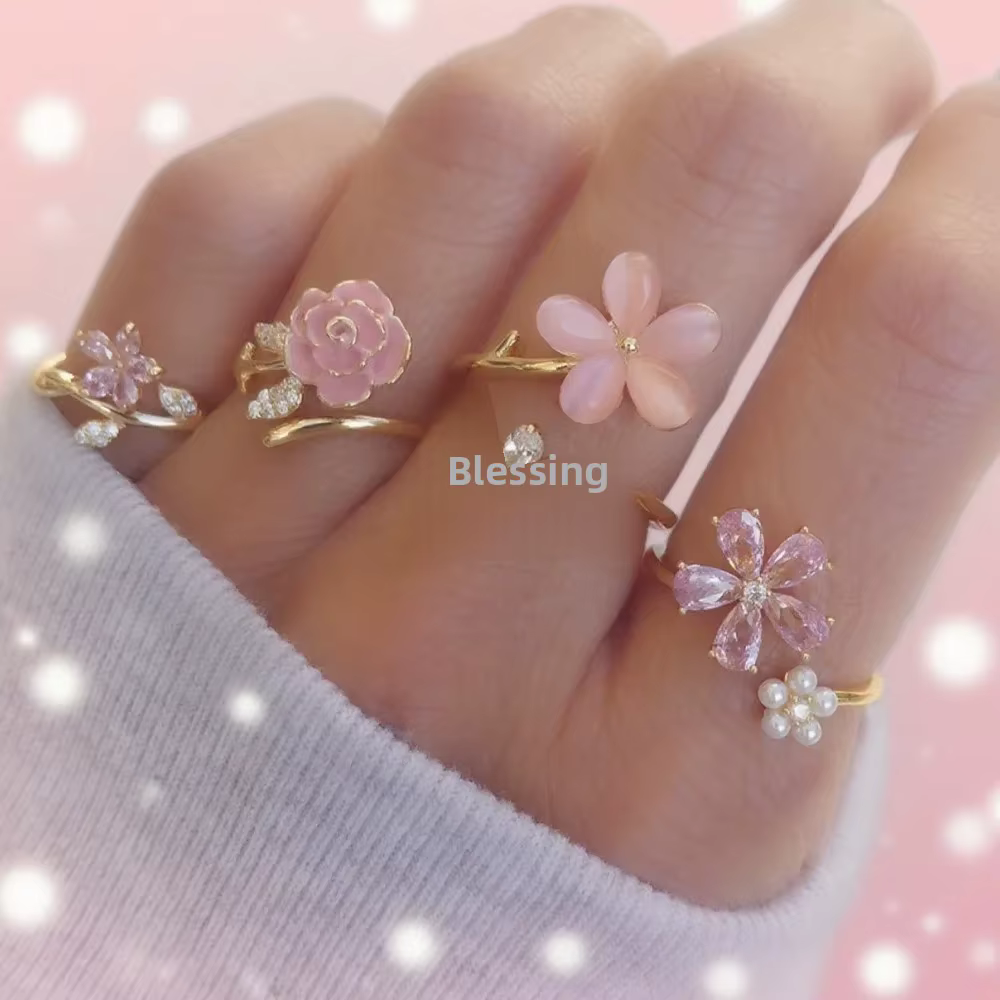Ensemble de bagues multicouches en Zircon et perles, Design de fleurs roses, Collection de bagues él