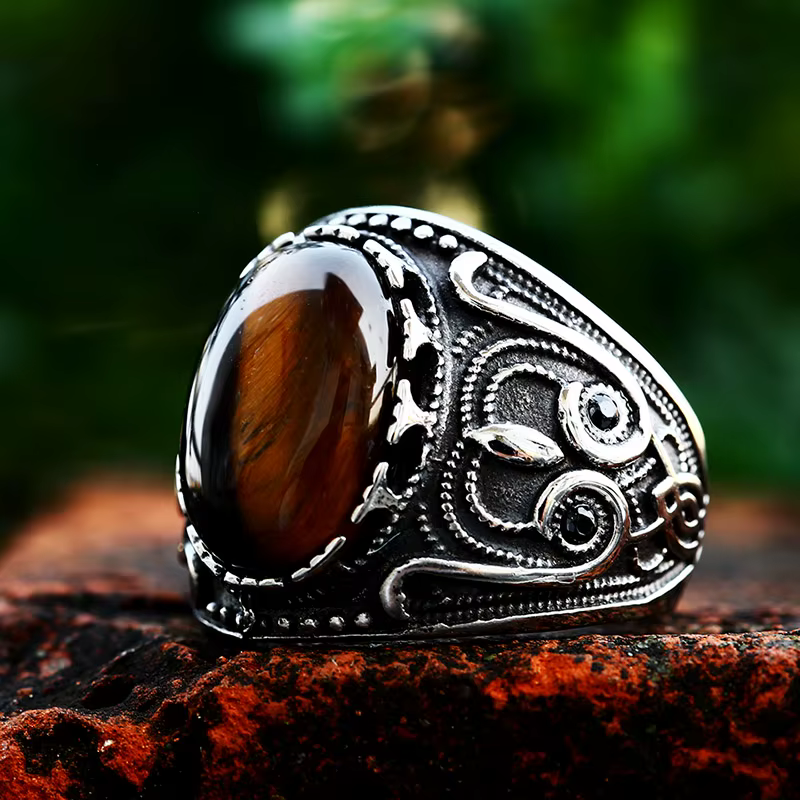 BEIER Vintage homme garçon ovale oeil de tigre pierres brunes bague en acier inoxydable bijoux homme