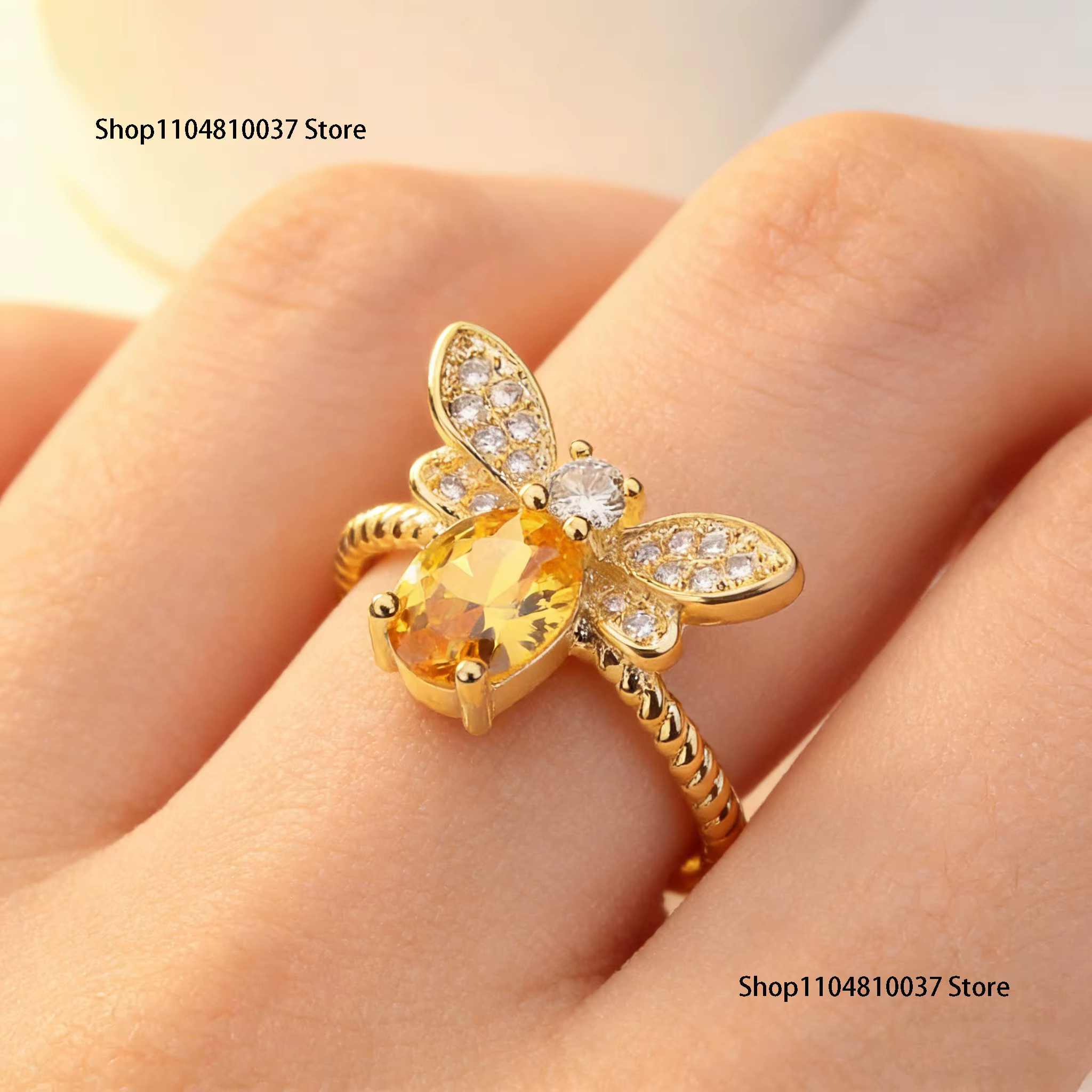Nouveaux bijoux exquis en argent sterling 925 avec pierres précieuses : Bague abeille en citrine ave