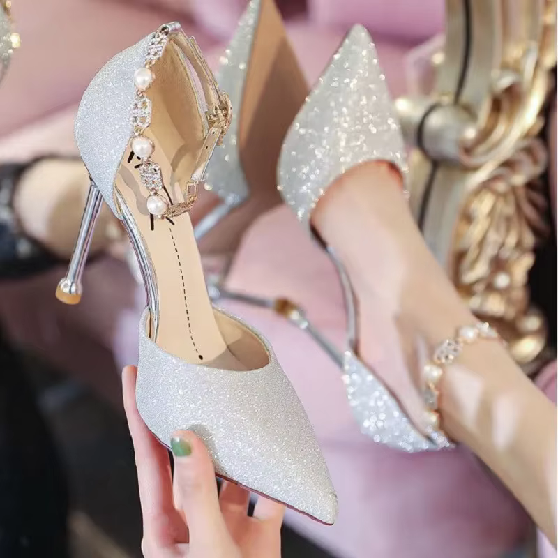 Chaussures à talons hauts argentés sexy pour femmes, chaussures de mariage de haute qualité, classiq