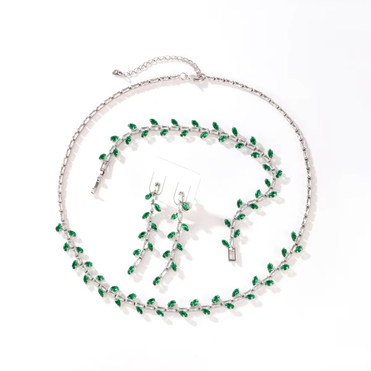 Parure de bijoux de mariage élégante pour femme, avec feuilles en zircon cubique vert et blanc, coll