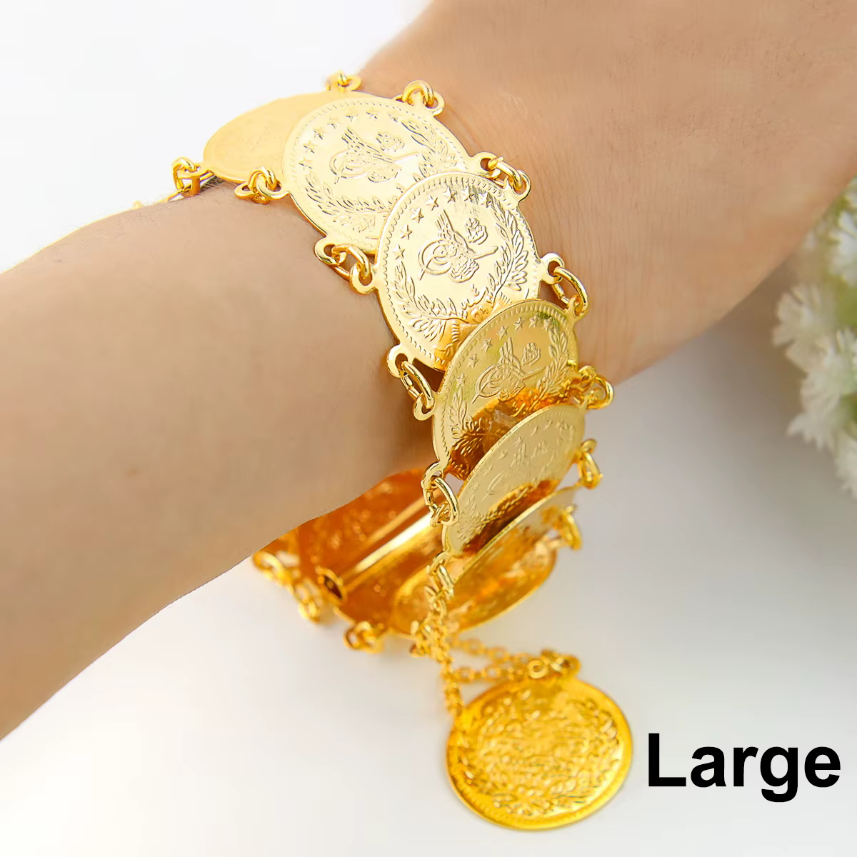 Bracelet de pièces de monnaie kurde plaqué or 21 carats, Bracelets porte-bonheur arabes musulmans et