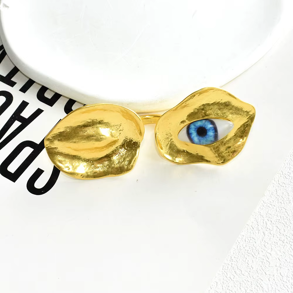 Bague manchette fantaisie en métal plaqué or avec yeux ouverts pour femme, bijou de mode, accessoire